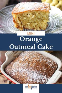 an orange oatmeal cake with powdered sugar on top and the words, mini orange oatmeal cake