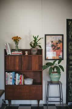 a potted plant sitting on top of a wooden shelf next to a book case