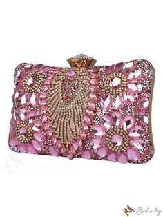 BirdinBag - Elegant Rhinestone Clutch with Floral Pattern and Chain Strap - Ideal for Evening Affairs Pink Rectangular Clutch With Rhinestones, Pink Wedding Clutch With Rhinestones, Rhinestone Clutch, Pink Details, Printed Bags, Square Bag, Chain Strap, Baby Pink, All Over Print