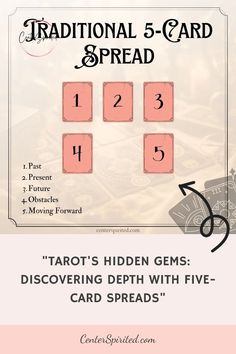 Step into the world of tarot with our guide on Five-Card Tarot Spreads: A Gateway to Deeper Understanding. Perfect for both beginners and experienced readers, this guide uncovers the secrets of the tarot, offering deeper insights into love, career, and personal growth. Learn how to interpret intricate spreads for clarity and foresight in life's journey. Discover the transformative power of tarot and enhance your intuition. Explore our engaging guide to unlock the mysteries of your destiny with f Tarot Card Placement, How To Read Tarot Cards For Someone Else, Five Card Tarot Spread, How To Do Tarot Readings, How To Tarot, Tarot Tricks And Tips, General Tarot Reading Spread, Tarot Card Layouts For Beginners