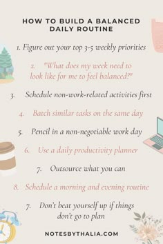 How to Build A Balanced Daily Routine; black and red text over beige background and cute graphics around Balanced Daily Routine, Creating Daily Routine, How To Get Into A Good Routine, Daily Routine For Adults, Creating A Schedule Daily Routines, Things You Should Do Everyday, How To Create A Daily Routine, Ways To Rest, Routine List Ideas