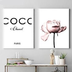 two posters with the words coco chanel and a pink flower in front of them