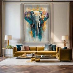 an elephant painting hanging on the wall in a living room with couches and lamps