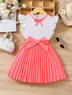 Rosa Coral, Cute Caps, Coral Pink, Belted Dress, Ruffle Trim, Dress P, Girls Clothing, Cap Sleeves