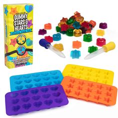 gummy stars and hearts ice trays with candy