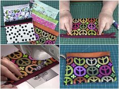 four pictures showing how to sew a peace sign purse with the sewing machine and fabric