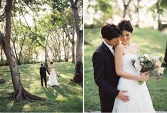 the bride and groom are posing for pictures in the woods