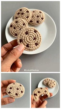 crocheted cookies on a white plate with chocolate chips in the middle and one being made