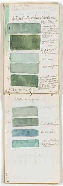 an open book with green and blue inks on the pages, in different colors