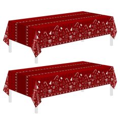 two red tablecloths with christmas trees on them