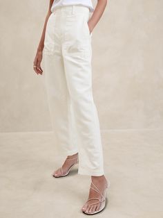 Mya Cotton-Linen Cargo Pant | Banana Republic Cream Cargo Pants For Workwear, Cream Cargo Pants With Pockets For Workwear, Cream Cotton Cargo Pants For Work, Classic Spring Cargo Pants With Side Pockets, Spring Linen Cargo Pants With Pockets, Chic Everyday Cotton Cargo Pants, White Summer Cargo Pants With Patch Pockets, White Cargo Pants With Patch Pockets For Summer, Chic Cotton Cargo Pants With Welt Pockets