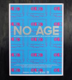 a poster with the words no age written in pink and blue on a black background