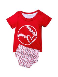 Celebrate the love for the game with our "My Heart is on the Field" Baseball Baby Top & Bummies Set. The red top exudes team spirit, while the bummies boast a charming baseball stitch design. Perfect for your little MVP's playtime or game day outings, it's a home run in both style and comfort. Get ready to score some major cuteness! And be sure to check out our other must have new arrivals. INCLUDES: T-Shirt & Bummies FIT: This item is true to size FABRIC & CARE: Cotton/poly blend Machine washab Short Sleeve Sets With Letter Print For Playtime, Cute Red Sets With Letter Print, Playful Sports Cotton Sets, Red Letter Print Top For Playtime, Red Letter Print Tops For Playtime, Sporty Playwear Sets With Letter Print, Red Cotton Sports Set, Red Sporty Playtime Sets, Red Sporty Playwear Sets