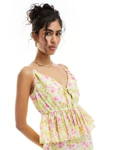 Top by ASOS DESIGN Part of a co-ord set Skirt sold separately V-neck Adjustable straps Tie front Regular fit Summer Peplum Tops With Floral Print, Floral Print Peplum Tops For Summer, Floral Print V-neck Camisole For Brunch, V-neck Floral Print Camisole For Brunch, Feminine Floral Print V-neck Camisole, Spring Floral Print V-neck Camisole, Spring Floral V-neck Camisole, Feminine Floral Print Camisole For Day Out, Chic Floral Print Camisole For Brunch