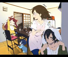 an anime scene with two women and one man standing in front of a kitchen table