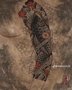 an artistic tattoo design on the back of a woman's arm and leg, with flowers