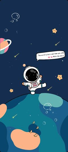 an astronaut is floating in the air above the earth with bubbles and stars on it