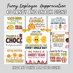 four different printable signs with funny sayings for birthday or any other occasion, including candy