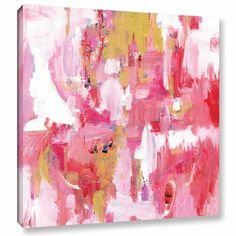 an abstract painting with pink, yellow and white colors on it's canvases