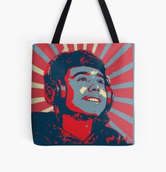 a tote bag with an image of a man wearing headphones