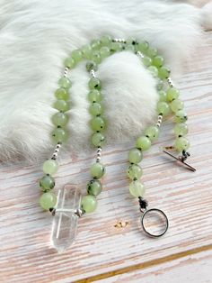 *A sweet treat for your summer ensembles, this gemstone necklaces was inspired by mint chocolate chip ice cream! *Matte coated Prehnite beads are hand knotted for lasting quality. A double terminated crystal quartz is the focal. This 16in necklace is secured with a silver toggle clasp. *Your gemstone necklace is packaged with care and shipped from the US within 1-3 business days Byzantine Jewelry, Gemstone Choker, Gemstone Necklaces, Pretty Jewelry, Necklace Crystal, Hand Jewelry, Mint Chocolate, Metal Pendant, Crystal Quartz