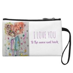 a white purse with an image of two people holding flowers and the words i love you to the moon and back