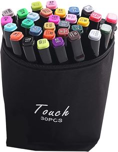 a black case filled with lots of different colored pens