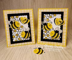 two cards with bees on them, one is yellow and the other has black paper