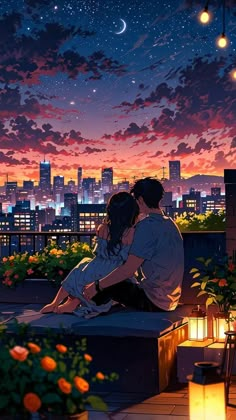 a man and woman sitting on top of a bench under a night sky with the city lights in the background