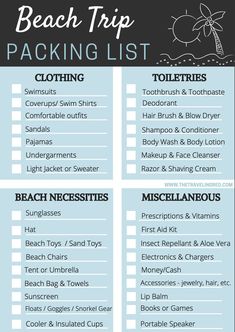 the beach trip packing list is shown in black and white, with blue lettering on it