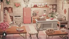 a kitchen filled with lots of pink furniture and decor on top of wooden floors next to a stove top oven