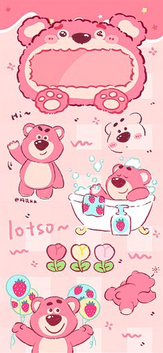 the pink bear is sitting in the bathtub