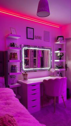 a bedroom with purple lighting and furniture in the room is lit up by pink lights