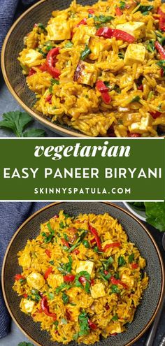 two plates filled with rice and vegetables on top of each other, the words vegetarian easy paneer biriyani