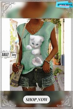 Women's T Shirt Tee Blue Purple Green Cat Print Sleeveless Casual Daily Basic V Neck Regular Cat S Casual Summer Tops With Cat Print, Casual Summer Cat Print Tops, Casual Cat Print Top For Summer, Cute Green Sleeveless Top, Cute Sleeveless Green Top, Green Cat, Cat S, Cat Print, Purple Green