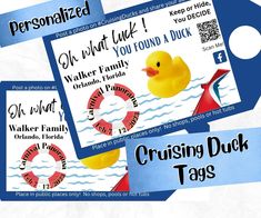 two coupons with rubber ducks on them and the words cruising duck tags in blue