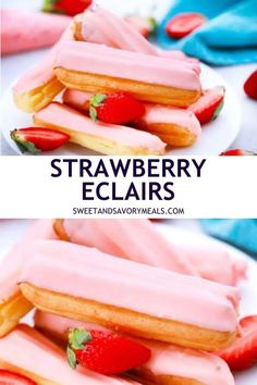 a lot of strawberry eclairs one on top of others with fresh sliced strawberries and a plate with six strawberry eclairs put one on another Eclair Recipes Easy, Eclair Filling, Strawberry Eclair Dessert, Cafe Pastry Ideas, Desserts Kids Love, Baked Pastries, Strawberry Eclairs, Homemade Pastry, Strawberry Eclair