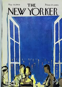 an advertisement for the new yorker, with people sitting at a table in front of open windows