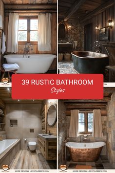 rustic bathroom collage with bathtub, toilet and sink in stone walled cabin style