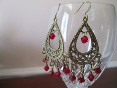 Handmade Antique Gold and Red Chandelier Earrings by BeadLove14 Red Bohemian Chandelier Earrings Nickel-free, Red Vintage Dangle Chandelier Earrings, Vintage Red Dangle Chandelier Earrings, Red Bohemian Nickel-free Chandelier Earrings, Red Vintage Chandelier Dangle Earrings, Bohemian Red Nickel-free Chandelier Earrings, Red Chandelier, Gold And Red, Dangling Earrings