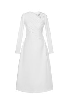 The unique lopsided A-line design and crinkle crepe fabric create a stunning silhouette, while the long sleeves add a touch of sophistication. Perfect for any occasion, this dress exudes luxury and refinement. Elegant A-line Dress With Folds, Elegant Asymmetrical A-line Wedding Dress, Formal Long Sleeve Pre-draped Maxi Dress, Formal A-line Midi Dress With Draped Sleeves, Pre-draped Long Sleeve Formal Dress, Formal Pre-draped A-line Midi Dress, Fitted Long Sleeve Asymmetrical Dress For Formal Occasions, Fitted Long Sleeve Asymmetrical Dress For Formal Events, Elegant Maxi Dress With Folds For Evening