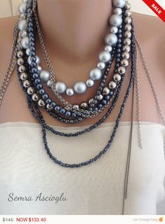 Pearl, Sale -  Chunky Pearl Necklace ,boho chic brides Chunky Layered Silver Pearl Necklace Bohemian Multi-strand Necklaces For Wedding, Bohemian Multi-strand Wedding Necklaces, Bohemian Multi-strand Necklace For Wedding, Bohemian Silver Beaded Bridal Necklace, Bohemian Multi-strand Wedding Jewelry, Brides Accessories, Bride Pearl Necklace, Bridal Jewelry Pearl, Boho Chic Bride