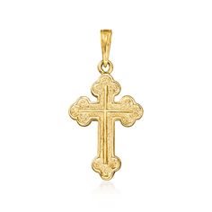 Ross-Simons - 10kt Yellow Gold Budded Cross Pendant. Canaria fine jewelry. Perfect for everyday wear, these genuine 10kt gold wardrobe essentials are fashionable, fun and designed to last a lifetime. Strong and durable, our collection of gold classics is always a great value. Our timeless 10kt yellow gold cross pendant features regal budded details and textured and polished finishes. Single bale fits up to a 2.5mm chain, sold separately. 10kt yellow gold budded cross pendant. Gold Wardrobe, Fine Jewelery, Gold Cross Pendant, Gold Cross, Cross Pendant, Pendant Jewelry, Wardrobe Essentials, Everyday Wear, Fine Jewelry