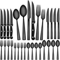 a collection of black and white utensils with spoons, forks, knives and spoons