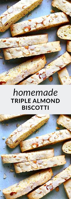 homemade triple almond biscotti bread sticks on a baking sheet with text overlay