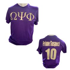 a purple shirt with gold lettering on the front and back, which says prince suspee