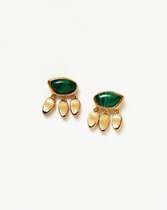 Molten Gemstone Charm Stud Earrings | 18ct Gold Plated Vermeil/Malachite Earrings Gold And Silver Earrings, Double Chain Bracelet, Malachite Earrings, Malachite Necklace, Handmade Jewelry Bracelets, Leaf Bracelet, Earring Trends, Ear Stack, Green Malachite