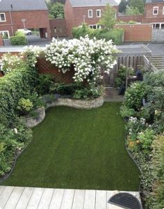 a small backyard with grass and flowers in it