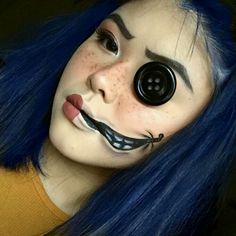 Creepy Coraline Costume, Scary Coraline Costume, Coraline Costume Makeup, Coraline Cosplay Makeup, Coraline Costume Diy, Coraline Inspired Makeup, Coraline Makeup Halloween, Coraline Makeup Looks, Coraline Cosplay