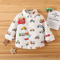 Boys Car Carrtoon Pattern Lapel Shirt Wholesale Boys Clothing - PrettyKid Multicolor Long Sleeve Shirt With Cartoon Print, White Cotton Shirt With Cartoon Print, White Cartoon Print Shirt For Spring, Playful White Shirt With Cartoon Print, Multicolor Cotton Shirt For Playtime, Cute Long Sleeve Shirt With Cartoon Print, White Cartoon Print Shirt For Playtime, Cute Printed White Shirt, White Graphic Print Shirt For Daycare